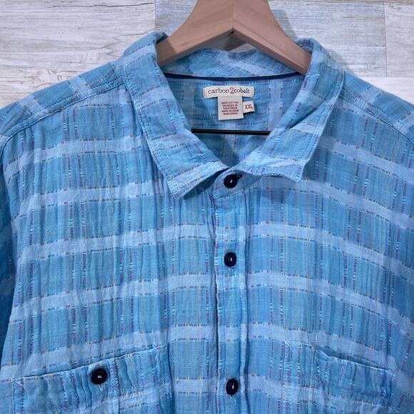 CARBON2COBALT Long Sleeve Cotton Double Cloth Shirt Blue Plaid Mens 2XL XXL - Picture 3 of 6